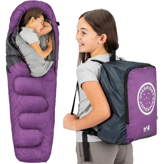 Дитячий спальний мішок Trail Mumienschlafsack для кемпінгу 3 сезони – 300gsm – для хлопчиків та дівчаток – фіолетовий