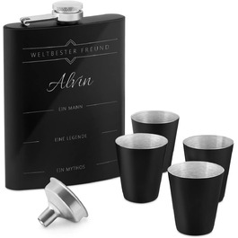 Набір Maverton Flachmann Set: фляга 200 мл з гравіюванням + 4 склянки для шнапсу 20 мл з воронкою - чорна фляга для чоловіків (Дружба)