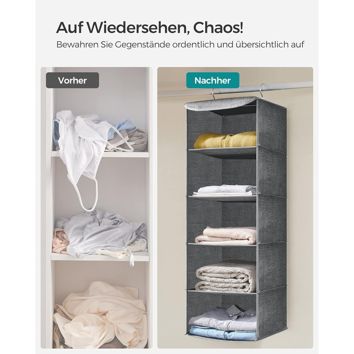 Органайзер для шафи SONGMICS, розкладний, сірий, з металевими гачками та бамбуковими вставками