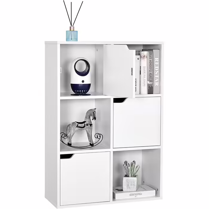 Storage Shelf, Multi-Tiered Bookshelf, Wooden Shelf, Storage Cabinet for Books and DVDs, Six Compartments with THREE Doors, White
