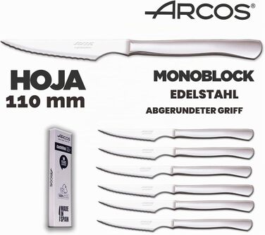 Набір стейк-ножів Arcos з нержавіючої сталі, 6 предметів, лезо 110 мм, монолітна ручка, придатні для посудомийної машини
