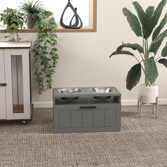 PawHut Large Dog Feeding Station with 2 Stainless Steel Bowls, Drawer, and Pet Food Dispenser - MDF, Steel, Gray