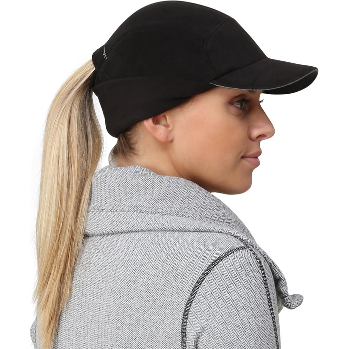 TrailHeads Fleece Sport Mütze Damen - Флісова спортивна шапка для жінок з отвором для хвостика та світловідбиваючим краєм, чорний & оранжевий, універсальний розмір