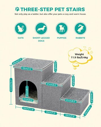 PETEPELA Folding Dog Stairs, 3 Steps, Pet Stairs for Small Dogs with Storage Space, 3 Steps to Couch