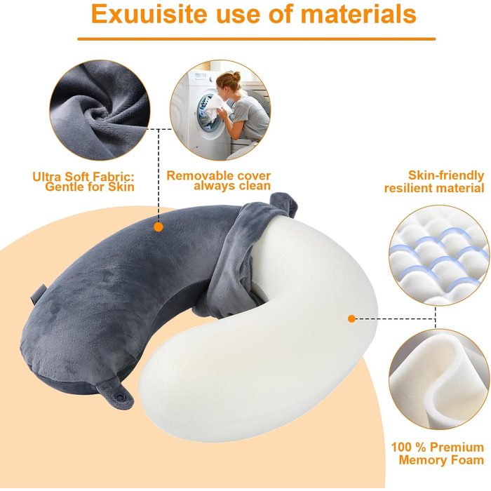 Подушка для шиї, 100% Memory Foam, U-подібна форма, сіра. Для подорожей, авто, дому, офісу.