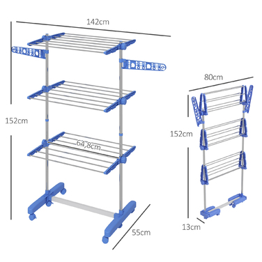 HOMCOM Clothes Dryer Tower with Wheels, 3 Tiers, Foldable Side Wings, Steel, Blue | Aosom