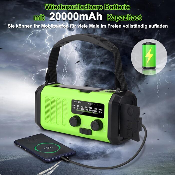Радіо на сонячній енергії з ручним заводом Solar Radio AM/FM, Powerbank 20000 mAh, LED ліхтарик, SOS сигнал, USB-C зарядка для телефону, зелений