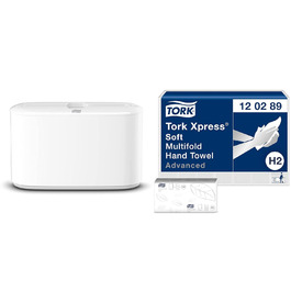 Tork Xpress Table Dispenser for Multifold Paper Towels 552200, Elevation Design - H2 Table Paper Towel Dispenser for Folded Towels for Single Sheet Dispensing, Compact Shape, White, 21.8 x 32.3 x 11.6 cm (White, Bundle with Paper Towels 21 x 180)