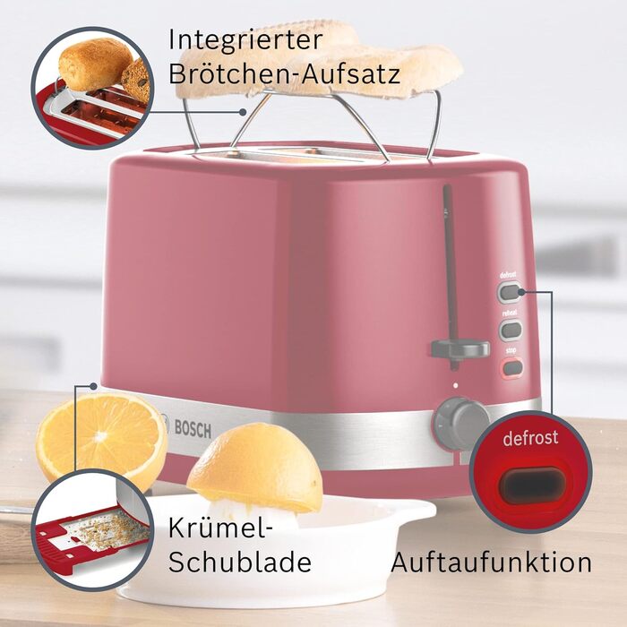 Bosch Compact Toaster ComfortLine TAT6A514, for 2 slices, integrated bagel attachment, with defrost/reheat function, 800W, red