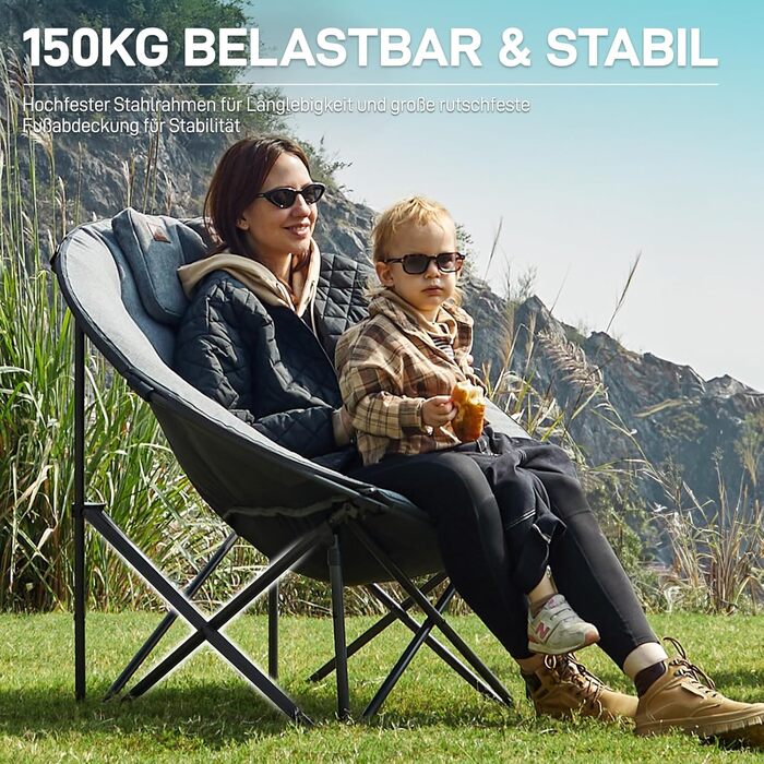 Крісло-місяць EVER ADVANCED Luxus XXL для кемпінгу, складне, до 150 кг, сіре. З подушкою, для саду, балкону, приміщення