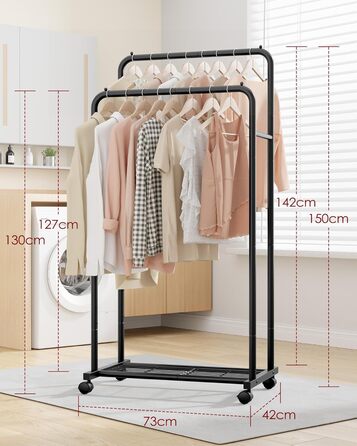 Металевий вішак для одягу на колесах - стійка для одягу з полицями, чорний