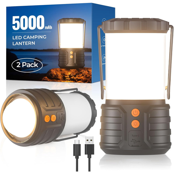 2 Pack Camping Lanterns, LED Camping Lanterns, 5000mAh Rechargeable Battery Emergency Lights for Power Outages, 3 Colors, IPX4 Waterproof Portable Flashlight Camping Tent Light for Home