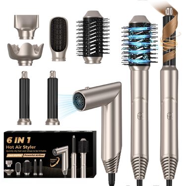 UKLISS 6-в-1 Аirstyler: Іонський фен-щітка з насадкою для локонів, дифузором та щіткою для волосся. Золотий колір. 6-в-1 для створення різноманітних зачісок.