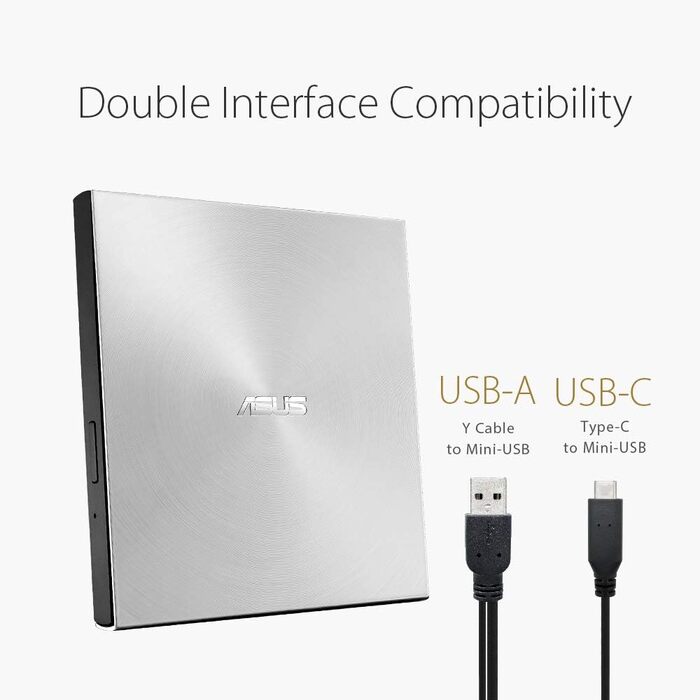 Зовнішній ультратонкий DVD-записувач Asus ZenDrive U9M USB-C/USB-A, сріблястий (для Apple та Windows, з кабелями та ПЗ)