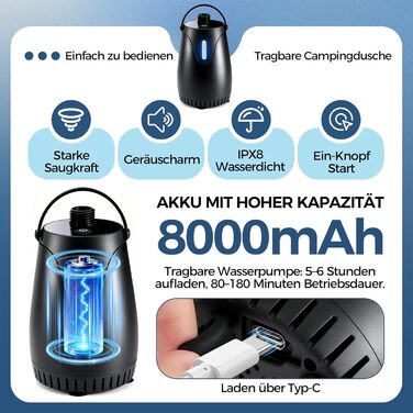 Портативний душ для кемпінгу Campingdusche 8000mAh з насосом та дисплеєм