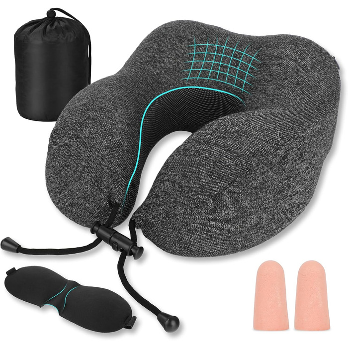 Подушка для шиї з Memory Foam, підтримка голови, набір для подорожей: маска для сну, навушники, чохол, м'яка подушка для сну в авто, літаку, офісі та вдома (Сірий)