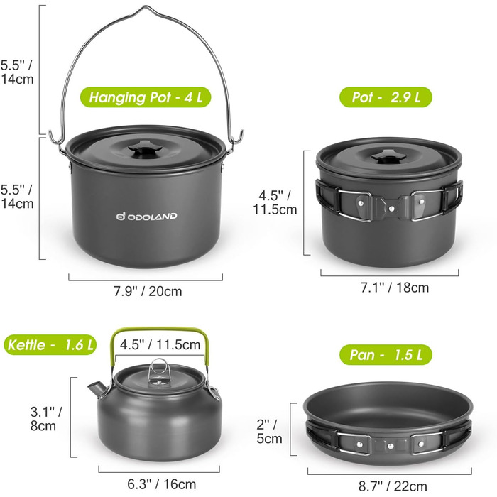 Odoland Camping Cookware Set - 6 Person Outdoor Cooking Set for Backpacking, Camping, and Picnics