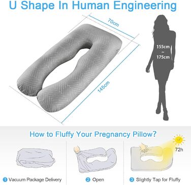 Тілоподушка SHANNA для сну на боці, U-подібна, вагітним, знімний чохол, 70 x 145 см (Сірий смугастий)