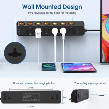 Мережевий фільтр 6-фазний з індивідуальним вимикачем, USB-C (PD 20W) та 2 USB-A, захист від перенапруги (3680W/16A), 3м кабель, чорний