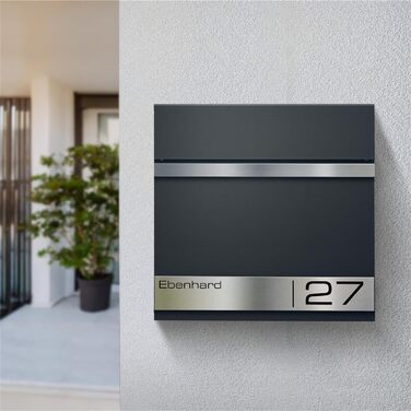 Поштова скринька Metzler Premium з газетницею Anthrazit (Антрацит) - персоналізована з табличкою для імені - високоякісна настінна поштова скринька з нержавіючої сталі V2A з порошковим покриттям RAL 7016, модель Stencil