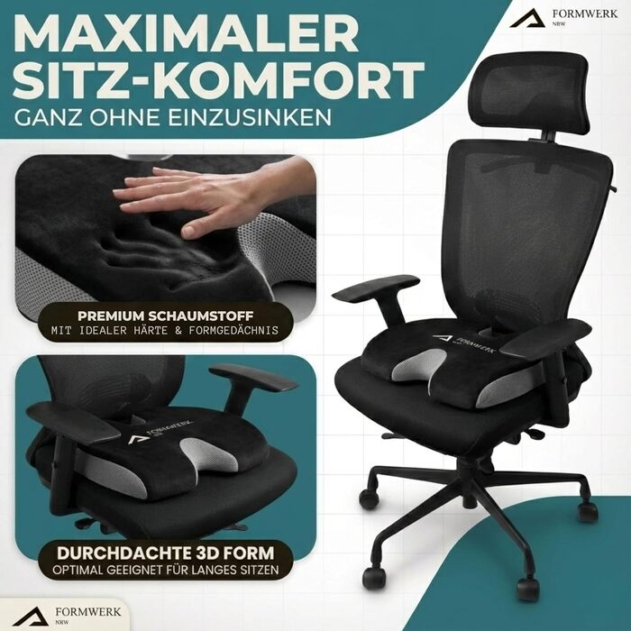 Ортопедична подушка для сидіння Formwerk NRW - Преміум ергономічна подушка для офісу та авто з 3D Memory Foam, сертифікат OEKO-TEX-100 (60-100 кг), чорний
