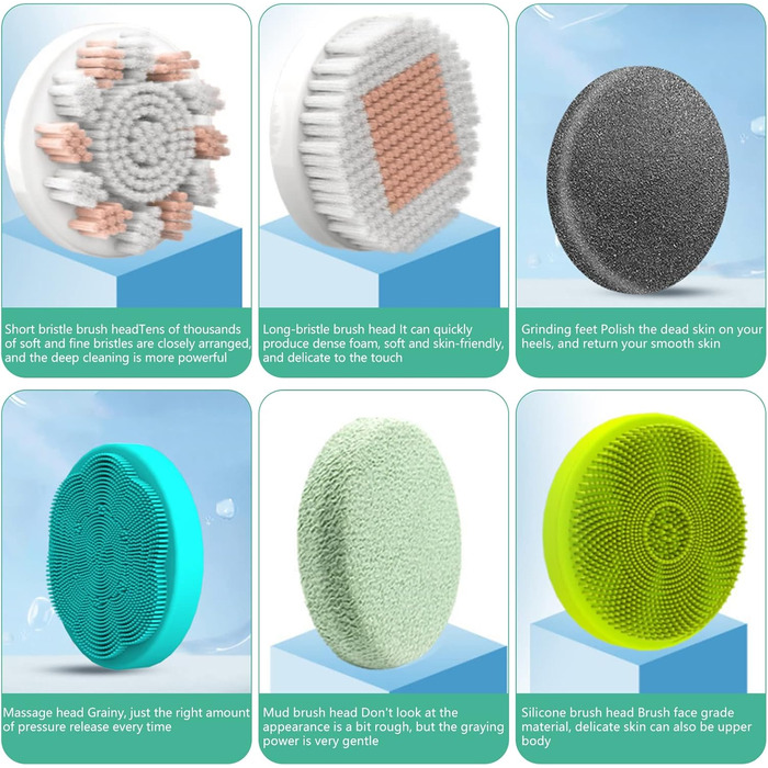 6-in-1 Electric Back Brush, Shower Brush with 6 Multifunctional Cleaning Heads, Body Brush 360° Rotation, IPX7 Waterproof 3 Speed Spin Cleaning Brush for Men Women