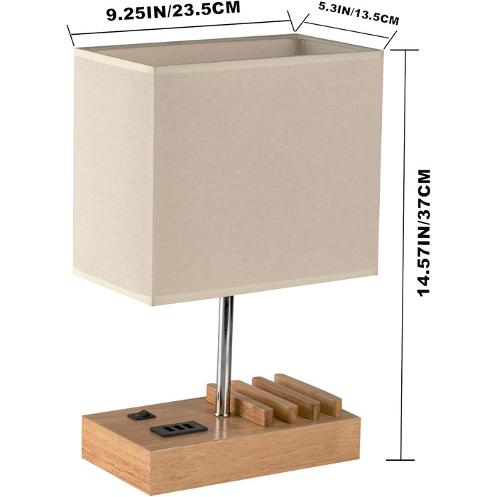 Настільна лампа Dreamholder з 3 USB-портами (A+C), підставкою для телефону, для спальні, вітальні, офісу, з натуральним дерев'яним цоколем та тканинним абажуром