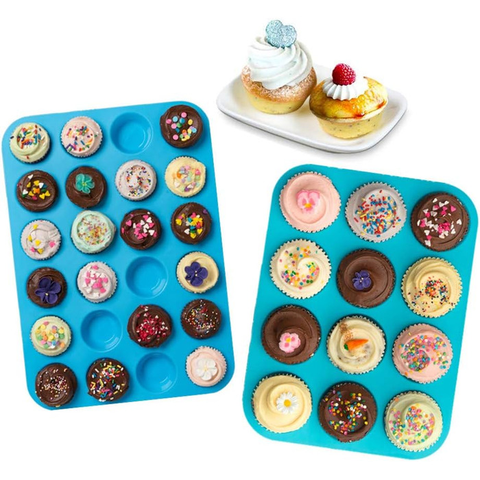 2 Pack Silicone Muffin Baking Mold Set - Regular 12 Cups + 24 Cups Cupcake Mold BPA Free, Non-Stick, Heat-Resistant, Food-Grade Silicone Baking Molds with Bonus 1 Silicone Spatula & 1 Oil Brush blue