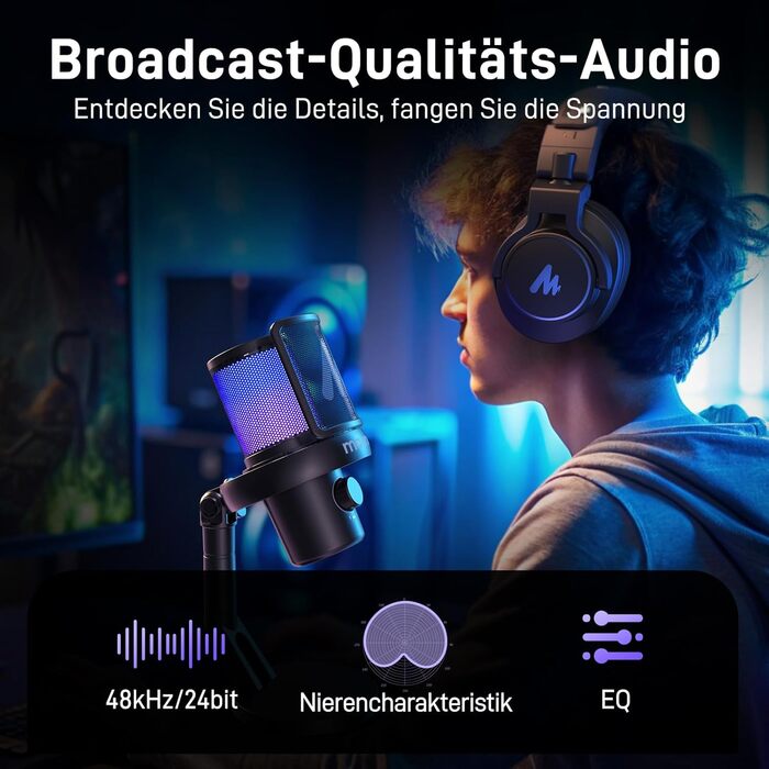 Мікрофон MAONO DM40 бездротовий для ПК з RGB підсвіткою та ШІ-зміною голосу, 3-рівнева шумоподавлення, для геймінгу, подкастингу та стрімінгу (чорний)