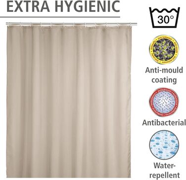 Штора для душу WENKO Anti-Schimmel, текстильна, антигрибкова, водонепроникна, з кільцями, 180x200 см, бежева