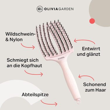 Щітка для волосся Olivia Garden Care Iconic з щетиною кабана та нейлону - для блиску та гладкого укладання (Пастельно-рожевий, Large)