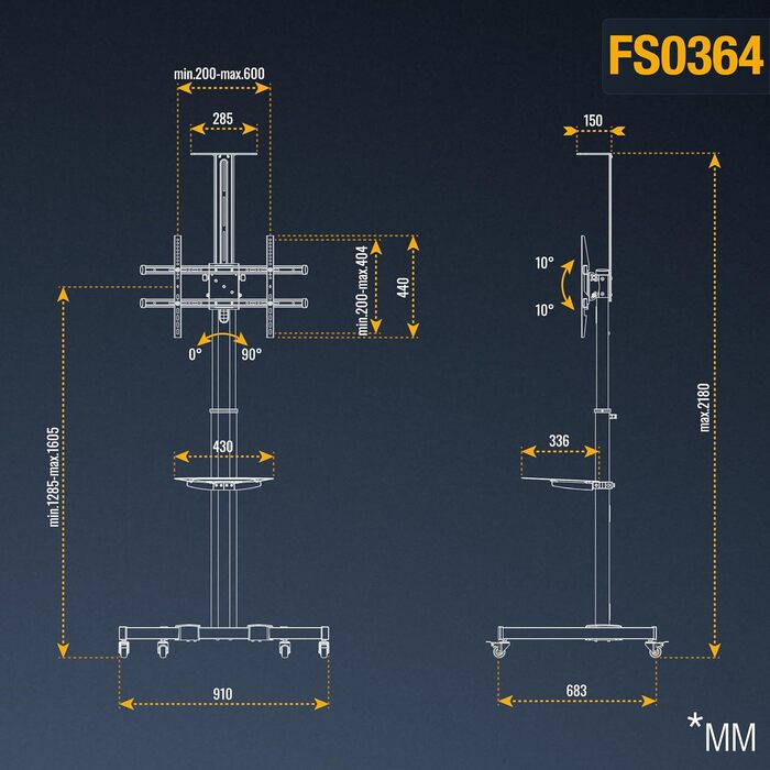 Мобільна підставка для телевізора RICOO FS0364 40-85 дюймів, на колесах, регульована по висоті, VESA 600x400, до 50 кг