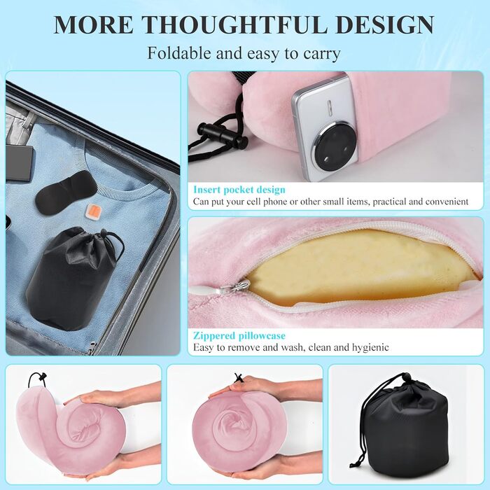 Подушка для шиї у вигляді їжачка Memory Foam для подорожей на літаку/автомобілі. З навушниками, маскою для очей та сумкою. М'яка, дихаюча. Рожева.