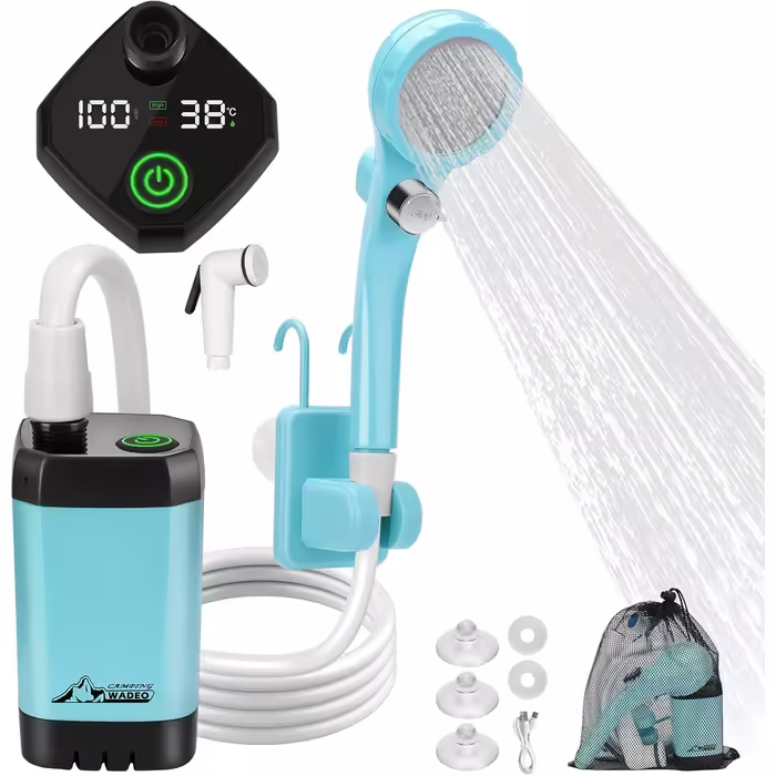 WADEO Portable Camping Shower with Battery and Pump, Camping Shower with Rechargeable 6000/8000mAh Battery, Mobile Showers Outdoor Showers with Shower Head and Hose, for Camping, Travel, Garden, Car Washing (Blue, with Double Digital Display)