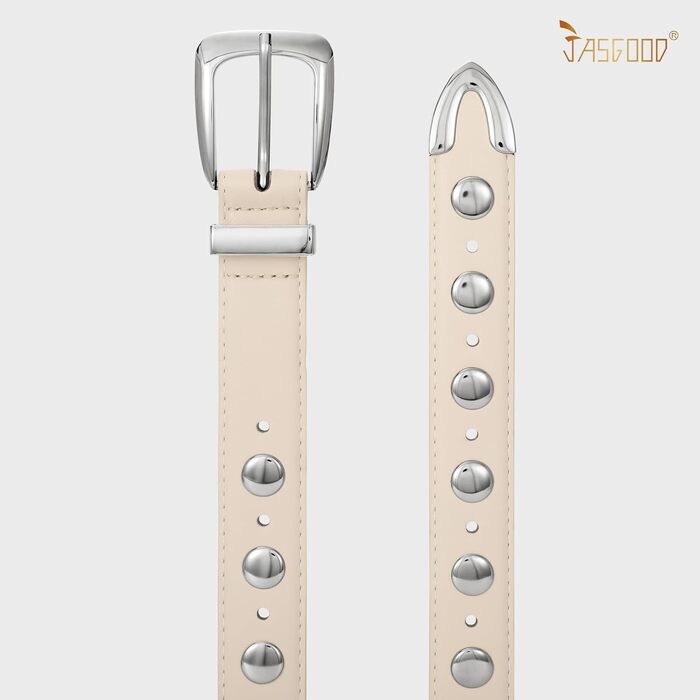 Жіночий шкіряний ремінь JASGOOD з золотою пряжкою, вінтажний панк-рок ремінь, модний ремінь з шипами для джинсів та повсякденного носіння, 130 см: для розміру 105-114 см (Бежевий, 110 см: для розміру 78-92 см)