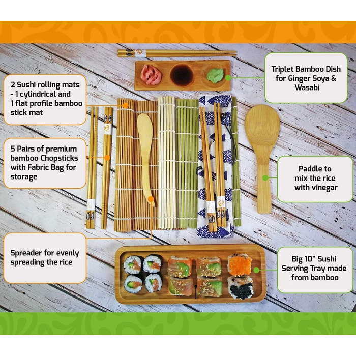 Набір для приготування суші 11 предметів: бамбуковий набір для суші з килимком для ролу, сервірувальним набором для початківців. 2 килимки, 5 пар паличок для їжі з сумкою, ложка для рису, роздільник, сервірувальний піднос, трійний соусник та електронна кн