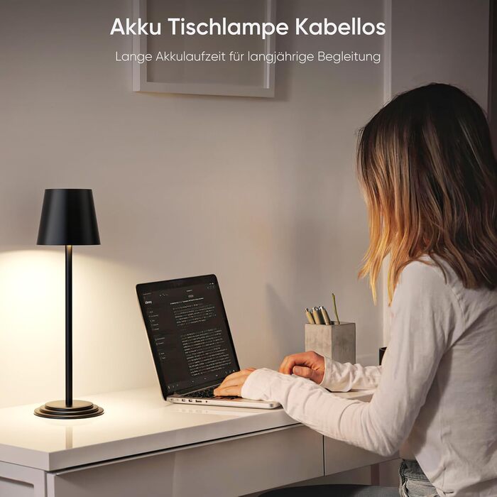 Настільна лампа бездротова акумуляторна 5200mAh, металева, з димером та регулюванням висоти, чорна з дерев'яними елементами для дому та кемпінгу