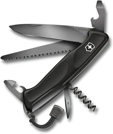 Victorinox Swiss Army Knife Ranger Grip 55 Onyx Black (12 Functions, Locking Blade, Wood Saw), black, 130mm Bundle with Knife Sharpener