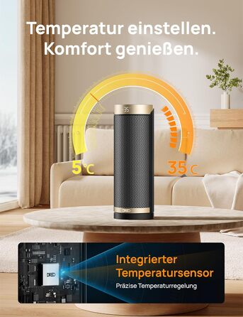 Електричний обігрівач Dreo 2000W з термостатом та Wi-Fi, 16 дюймів, 3 режими, 3 швидкості, 12h таймер, для спальні, золотий