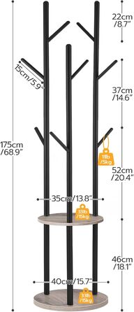 HOOBRO Coat Rack, Freestanding Clothes Rack, Tree-Shaped Wardrobe with 8 Hooks, 2 Round Shelves, for Clothes, Hat, Bag, Living Room, Bedroom, OfficeDark Brown-Black EBF33YM01G1 (Greige + Black)