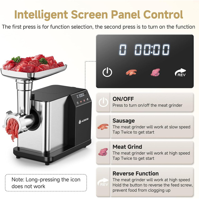 AAOBOSI Electric Meat Grinder - 3000W MAX with LED Display, 3 Speeds, Anti-Clogging Technology, Built-in Storage Box, Sausage Maker & Kibbeh Maker for Home Use
