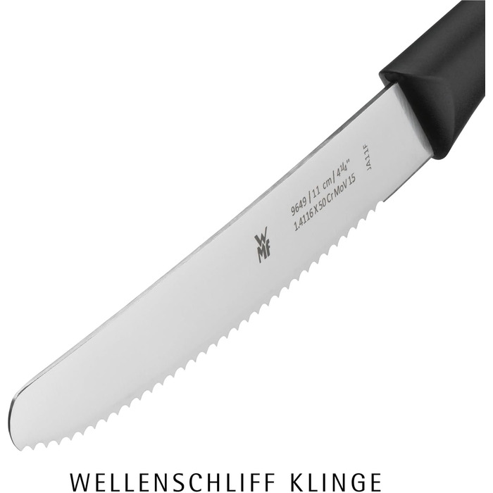 Набір ножів WMF Classic Line для сніданку, 6 шт., 23 см: хлібні, для бутербродів, з хвилястим лезом, нержавіюча сталь, чорний пластиковий руків'я