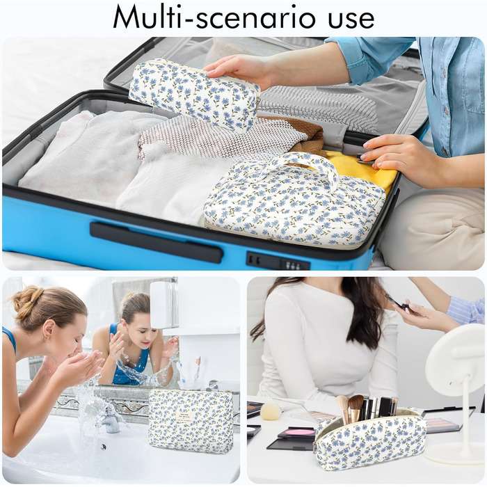 Набір косметичок для жінок: 3 шт. (великі та маленькі) - косметичка, сумочка для макіяжу, органайзер для подорожей (блакитний з квітами)