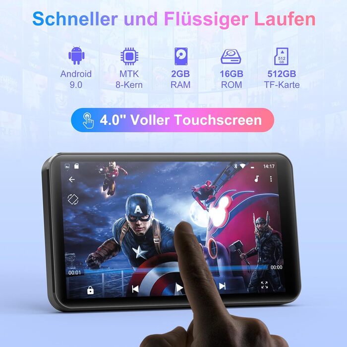 MP3 плеєр MECHEN на Android 9.0 з Wi-Fi та Bluetooth, 4-дюймовий сенсорний екран, підтримка Spotify, Amazon Music, Audible, Радіо, сірий