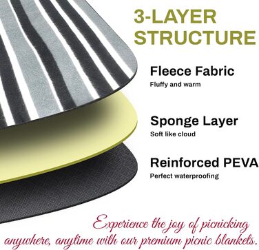 Водонепроникний плед для пікніка 3-шаровий, з флісу, для пляжу, кемпінгу, сімейний, чорно-сірий в клітинку