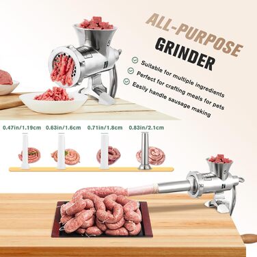 М'ясорубка ручна Huanyu з нержавіючої сталі, насадка для ковбас та печива, миється в посудомийній машині, для яловичини, свинини та овочів (№8)