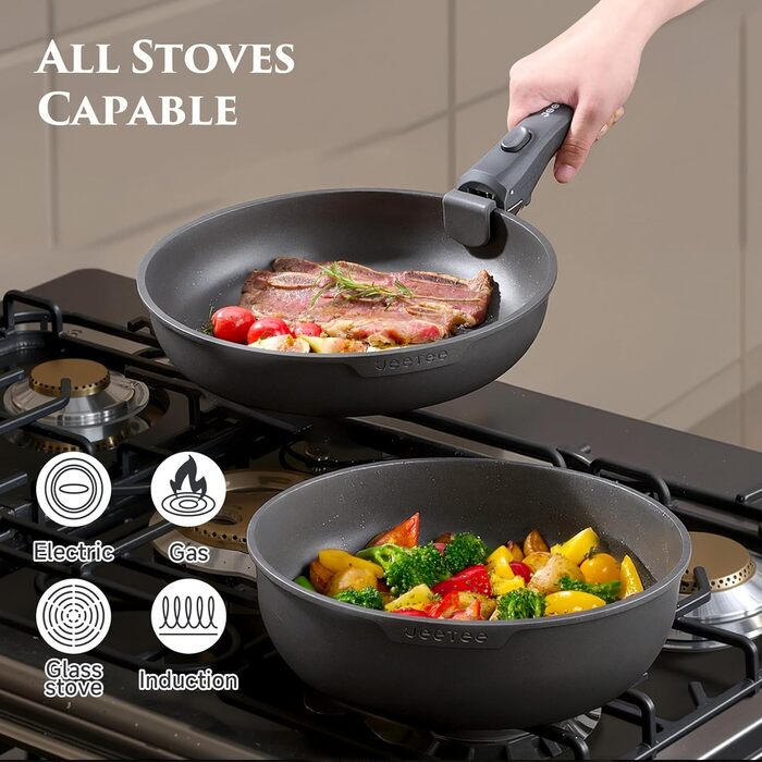 Набір посуду JEETEE 20 предметів з антипригарним титановим покриттям та знімною ручкою, для індукційних плит, з кришками, сірий