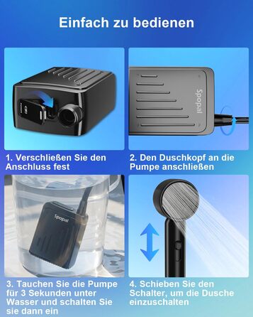 Портативний душ для кемпінгу Spopal 5000mAh, водонепроникний IPX8, з насосом, насадкою, гачком. Для туризму, пляжу, авто, миття тварин