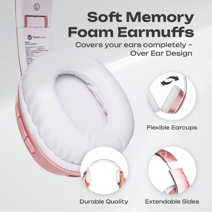 PowerLocus P7 Bluetooth навушники Over-Ear, складні, бездротові з басами, Hi-Fi стерео, з функцією гучного зв'язку, USB-C зарядка, тривалий час роботи, для iPhone/PC/TV (Line Rose Gold)