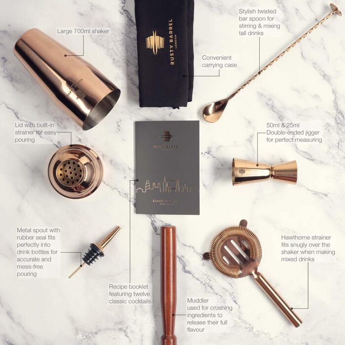 Набір для приготування коктейлів Chelsea Roségold – повний комплект для бармена: шейкер, мадлер, сито, мірний стакан, виливач, ложка, сумка та рецепти. З подарунковою коробкою